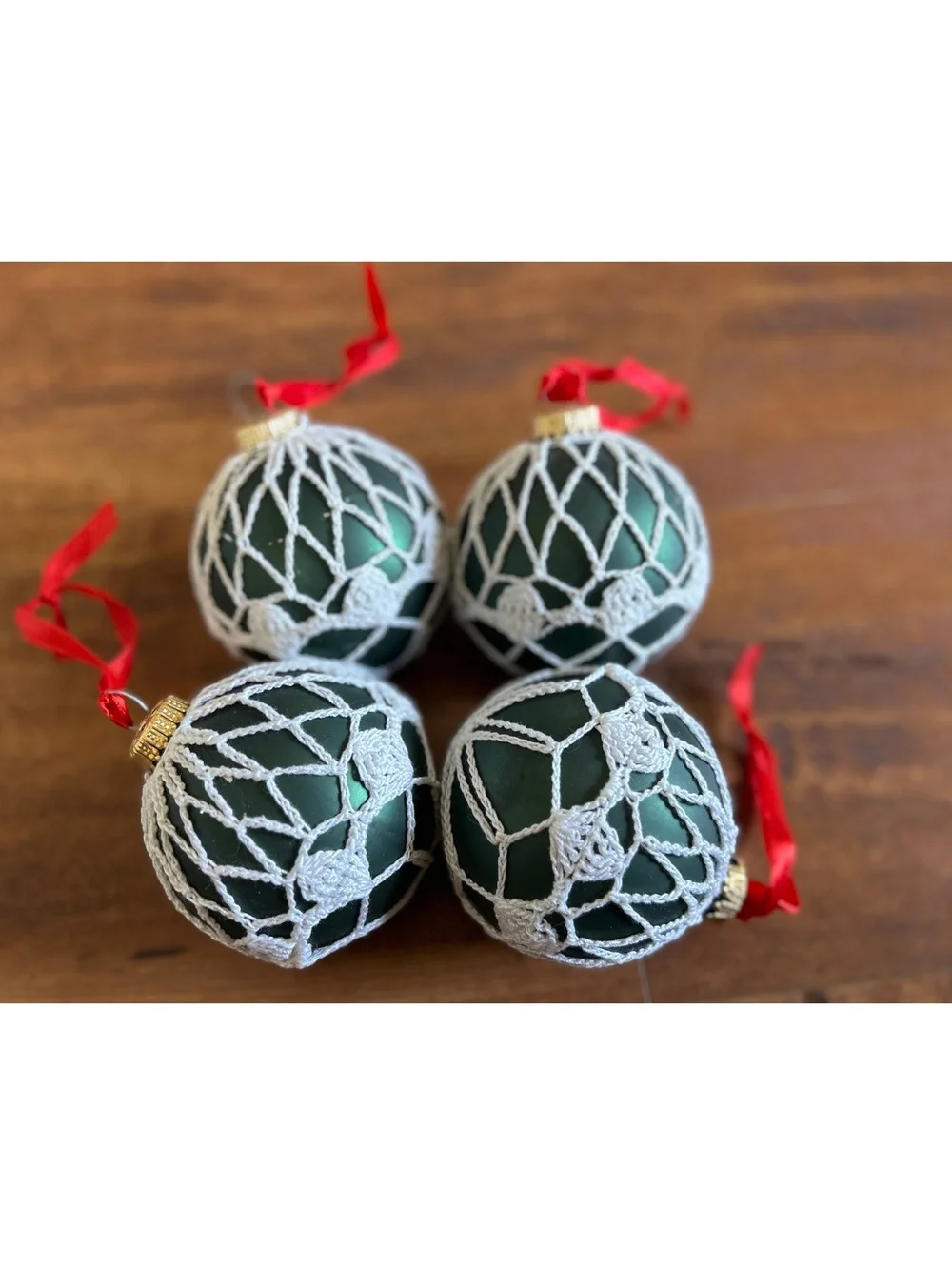 Set of 4 Green Christmas Ornaments with White Crochet Covers and Red Ribbon HANG